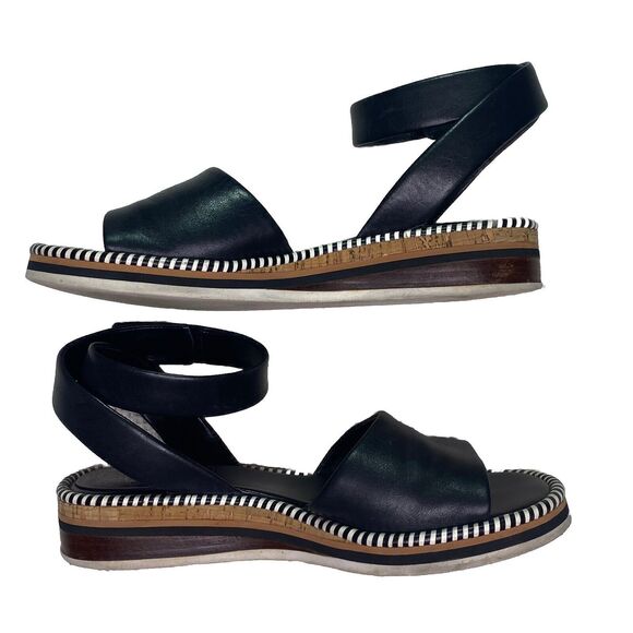 Vince Camuto Sandals Size 8.5 Leather Ankle Strap Low Wedge Heel Black Hook Loop - Picture 1 of 7